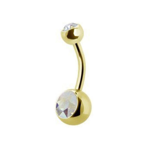 Gold Titanium Double Jewelled Belly Ring - Aurora Borealis Crystal